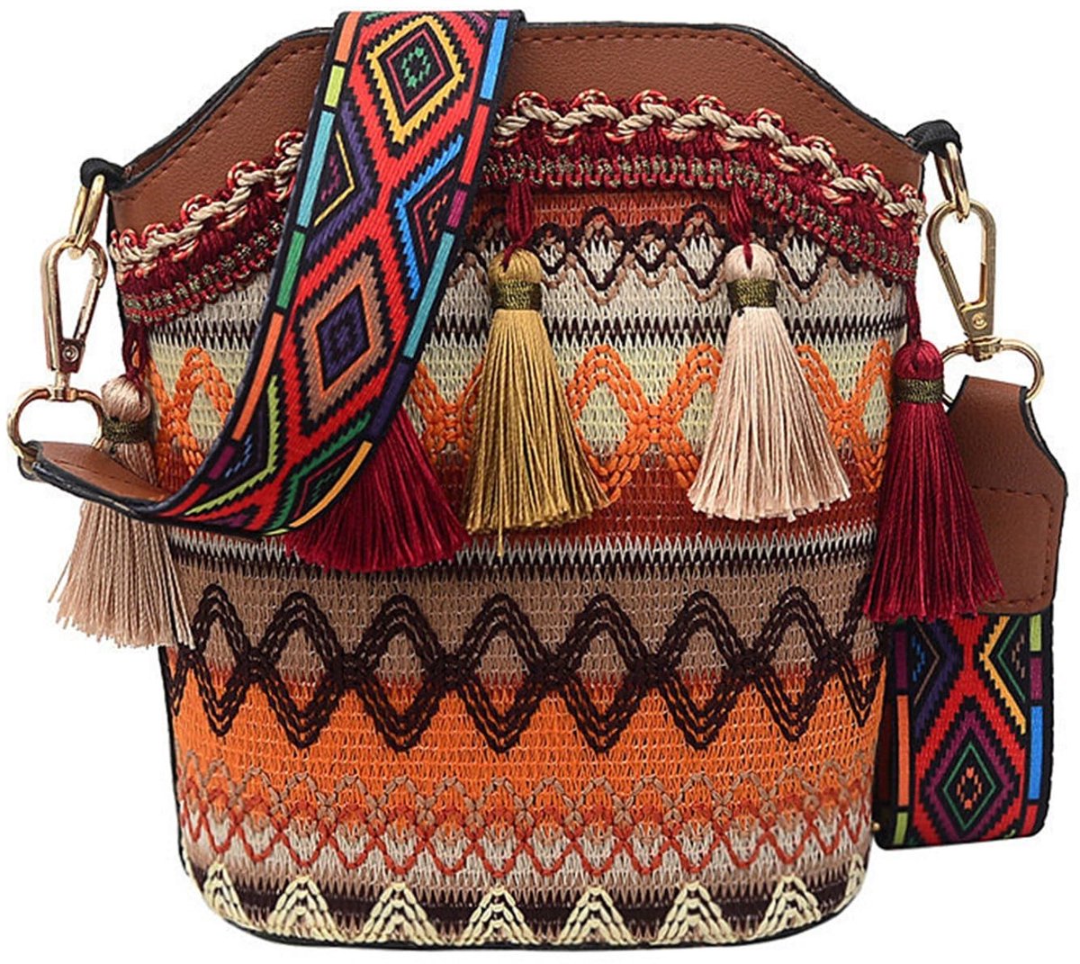 Dailygoods- Boho Tas - Ethnische Schoudertas - Verstelbare Schouderband - Met Fringes - Duurzaam Ontwerp - Afmetingen 20 x 20 x 9 cm