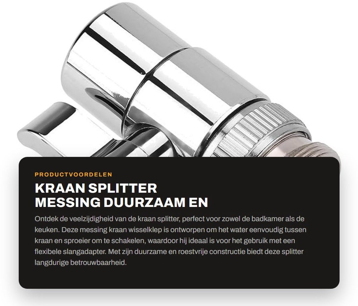 Dailygoods - Kraan Splitter - Messing - Duurzaam en Roestvrij - Slangadapter - Geschikt voor Badkamer en Keuken - Wisselklep voor Wateromleiding