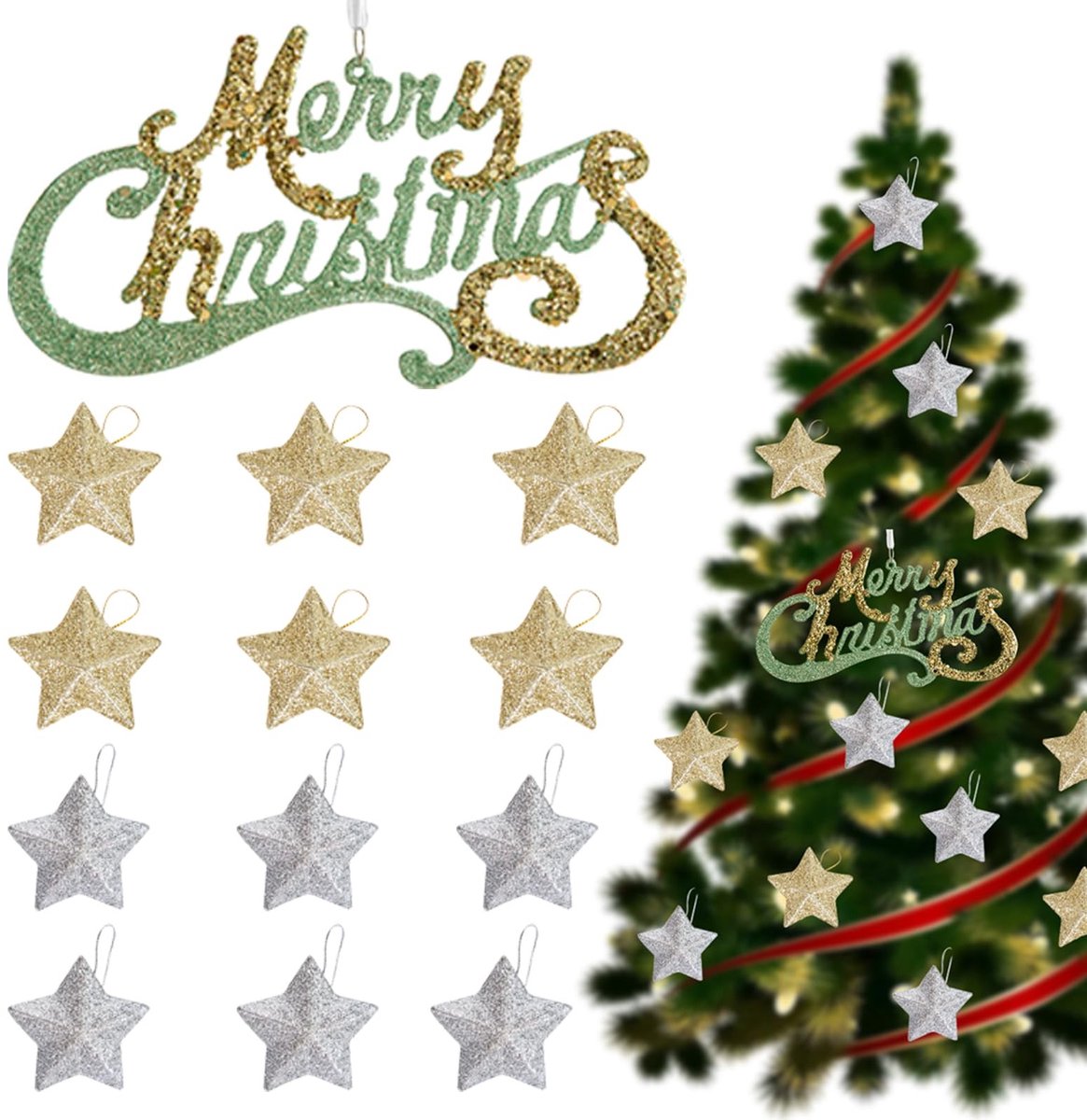Dailygoods- Kerstboomdecoraties - 1 stuk Merry Christmas Letter Plaques - 12 stuks 3D Sterren - Glanzende Ornamenten - Kunststof - Groen/Goud/Zilver - Kerstversieringen