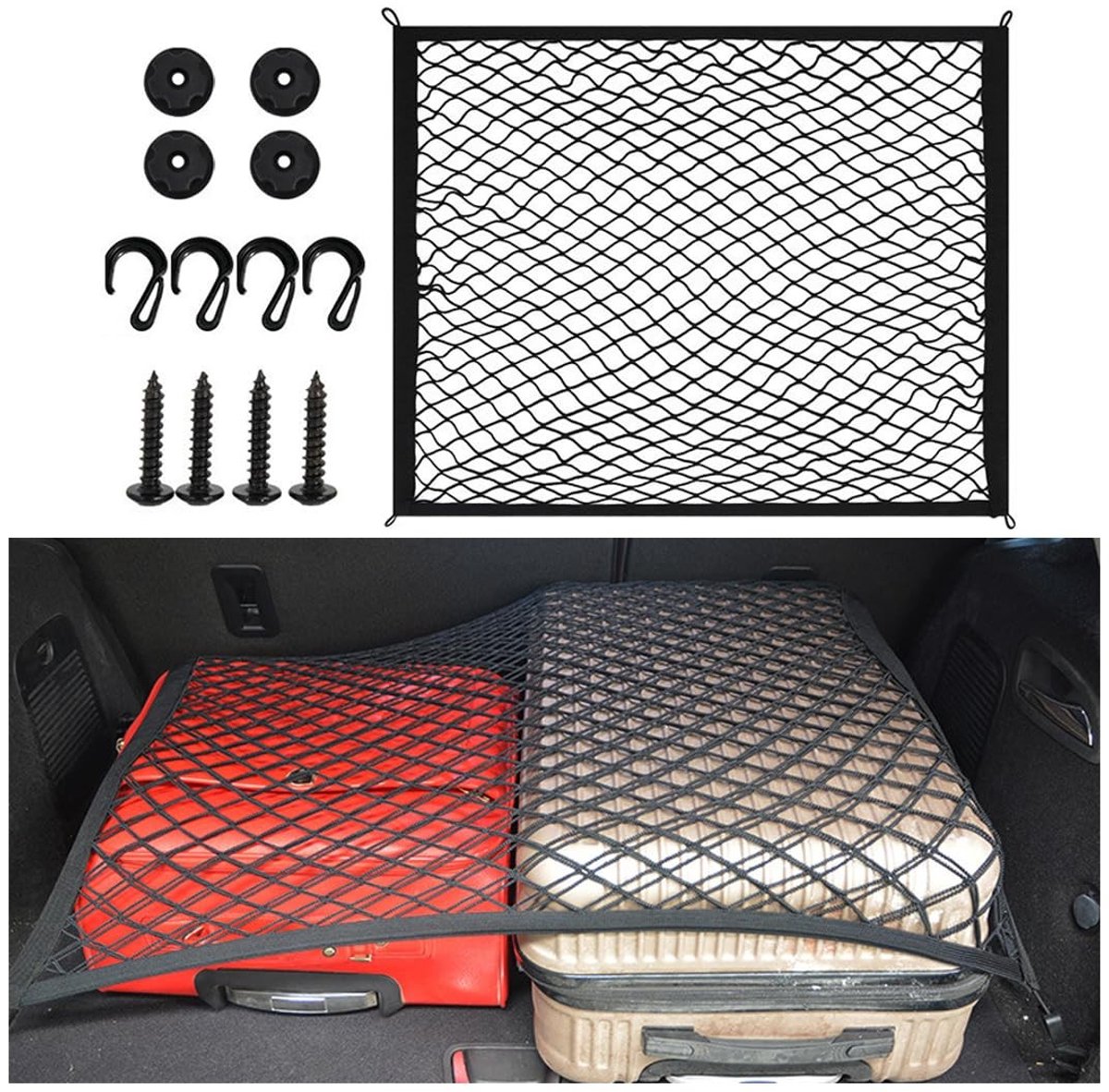 Dailygoods- Kofferbaknet - Dubbellaags - Zeer elastisch - Bagagenet - Universele net - 70 x 50 cm - Inclusief 4 haken en schroeven