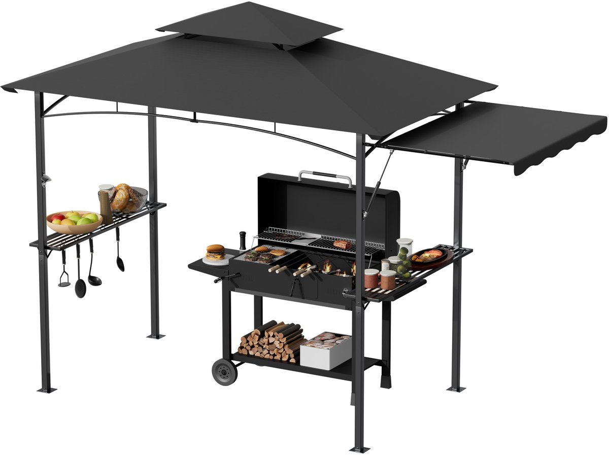 ACXIN BBQ Overkapping Grill Overkapping Tuinpaviljoen met Uittrekbare Zijluifel - Grill Shelter met Planken, Haken en Flessenopener - Dubbel Dak Ventilatie Rookafvoer - 245x141x253 cm - Grijs