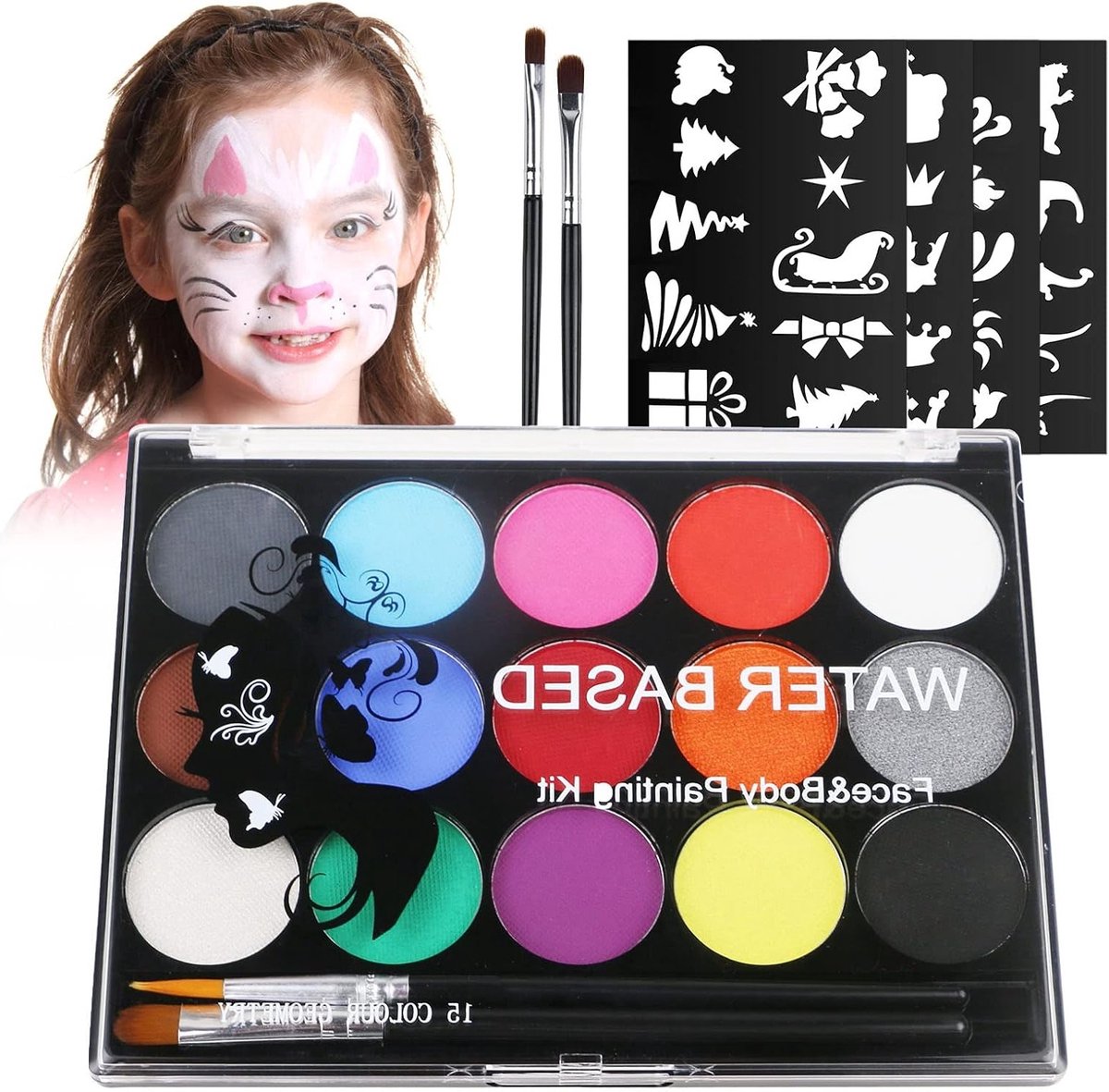 Complete Face Paint Set met 15 Kleuren, 2 Kwasten en 32 Sjablonen - Wasbare en Veilige Make-up voor Kinderen en Volwassenen, Perfect voor Halloween en Carnaval