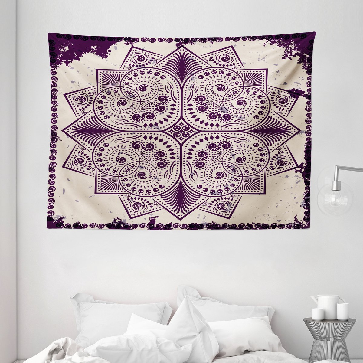 ABAKUHAUS Paars Mandala Wandtapijt en Sprei, Sneeuwvlokvorm, 230 x 140 cm, Donkerpaars en Grijswit Donkerpaars en grijs wit