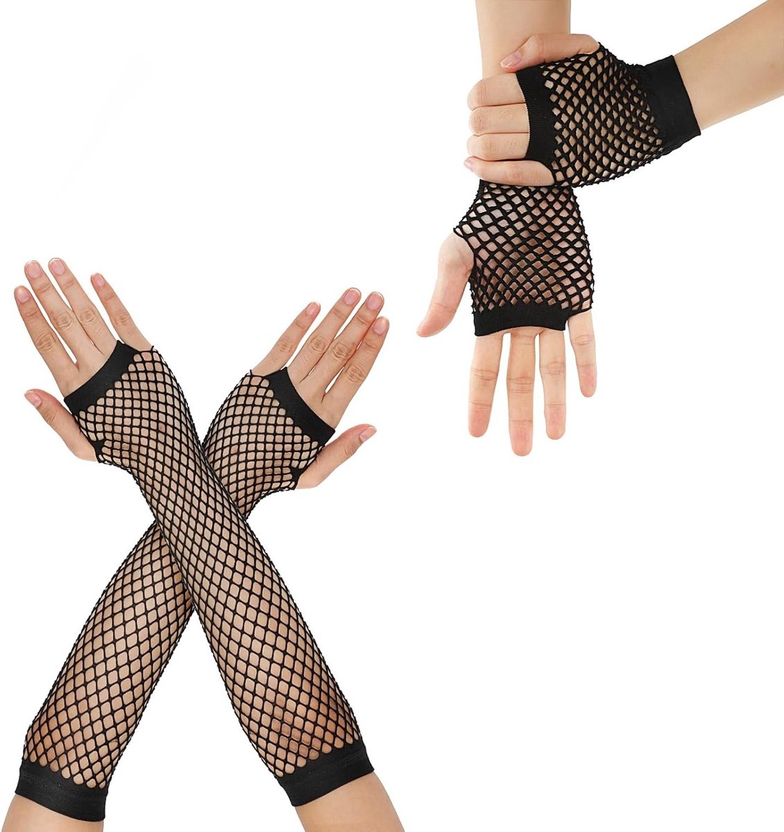 Vingerloze visnet handschoenen in zwart, set van 2 - Perfect voor 80s en 90s themafeesten, Halloween en kostuums