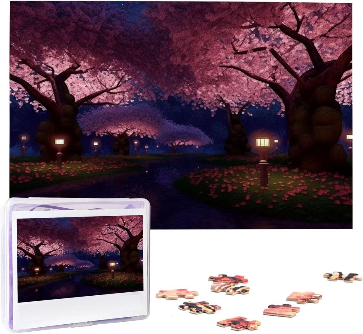 Houten Puzzel - Foto Puzzel - Ontspanning en Geheugen - Gepersonaliseerd Ontwerp - 1000 Stukjes - Kersenbloesem Nacht