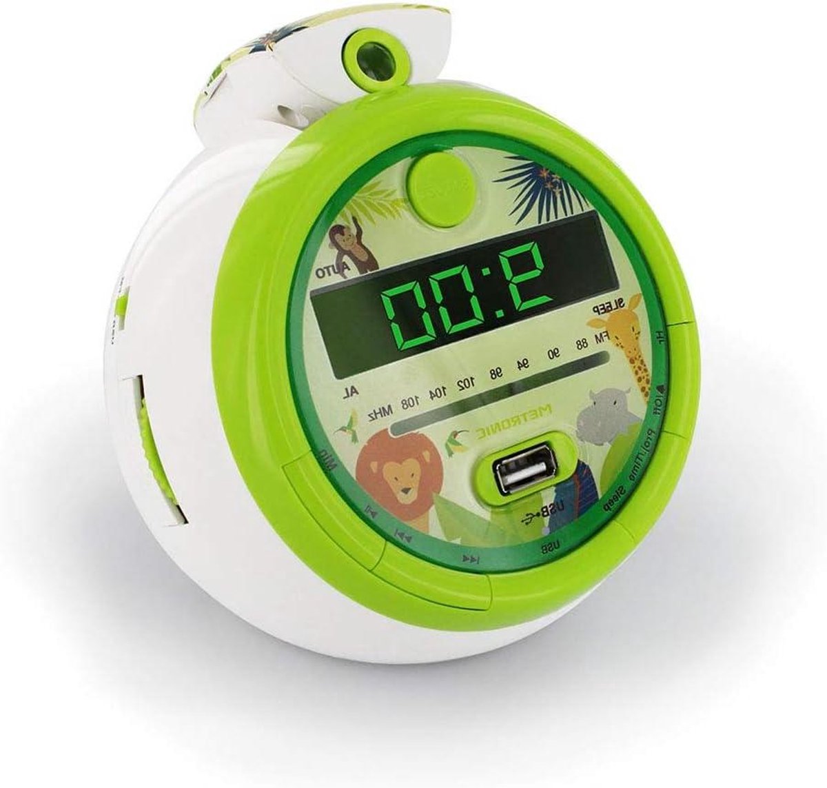 Kinderwekker Projectie - Digitale Klok - Wakker Worden - Dubbel Alarm Functie - USB Stroomvoorziening - Jungle Groen