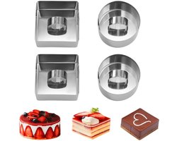 4 stuks - Dessertring - Taartringen - Cakeringen - Moussevormpjes - Met duwstang - Vierkant en rond - Deegsnijder - Zilver - 8*8*4cm - Voor gelaagde modellering van versierde taarten - Geschikt voor desserts, taarten en zelfgemaakte lekkernijen