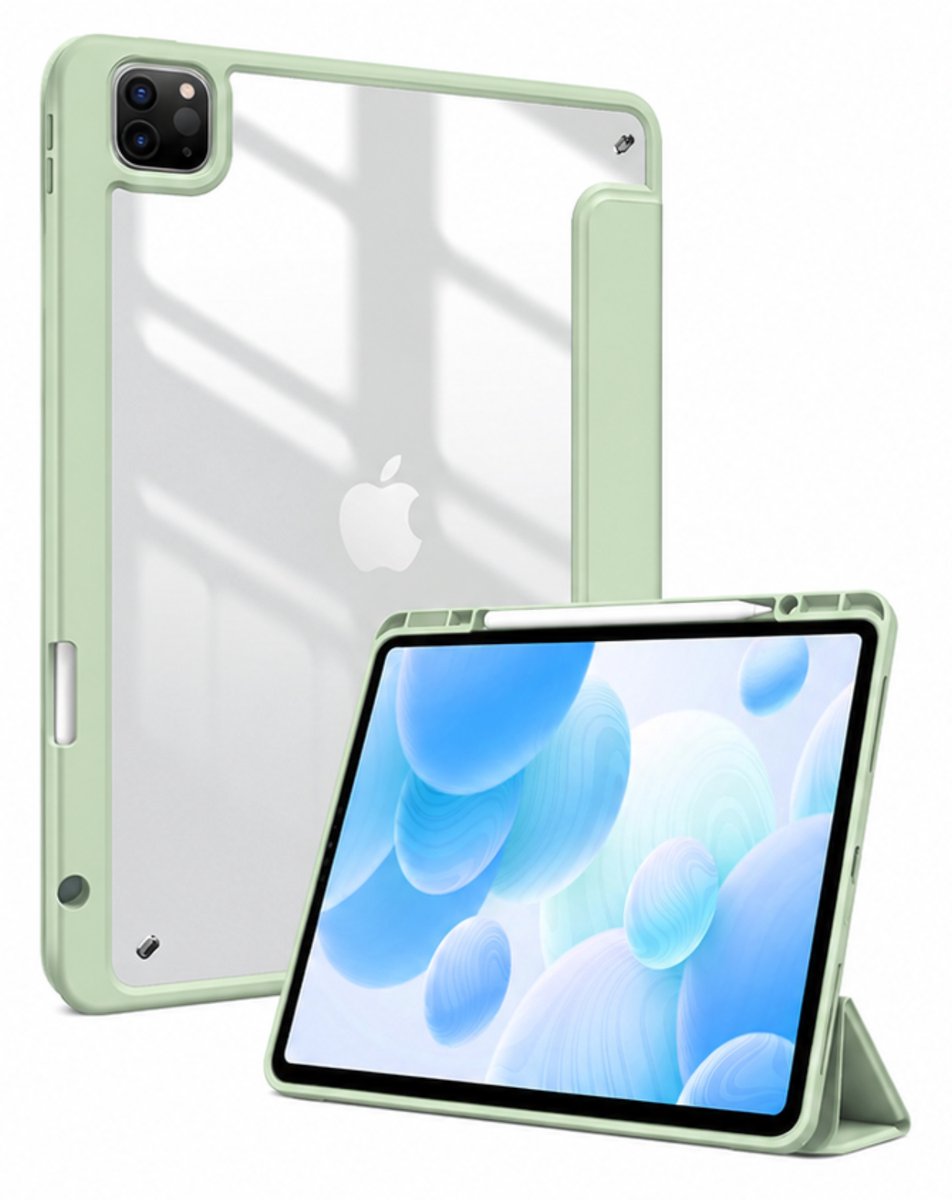 Tolvia Tablet Hoes Geschikt voor Apple iPad Pro 12.9 inch (2021/2022) - Transparante Achter Cover met Penhouder & Auto Sleep/Wake - Schokbestendige Tablet Hoes - Lichtgroen