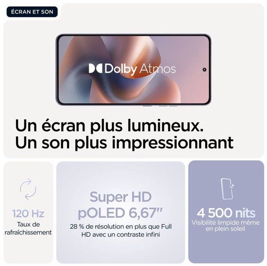 Scherm en geluid: 120 Hz, Super HD pOLED 6,67", 4500 nits.