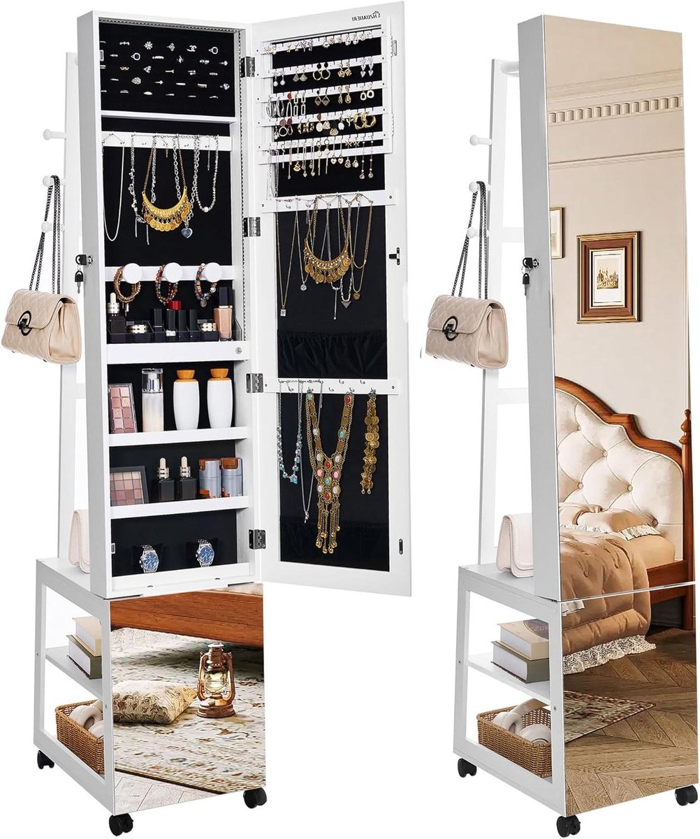 Sieradenkast met spiegel - Opbergkast kleding - Sieraden organiseren - Met verlichting en wielen - 36 x 43 x 169cm