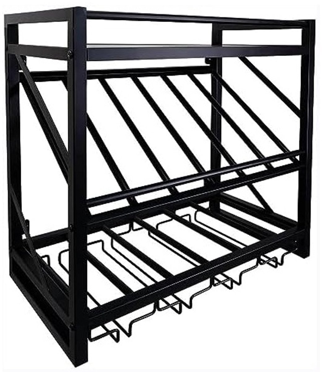 Wandgemonteerd wijnrek industrieel 3-laags met glazenhouder & kippende presentatieplank 54x54x30 cm zwart massief hout en staal – wijnfles organizer voor keuken, woonkamer, café en bar – HomebyNicole