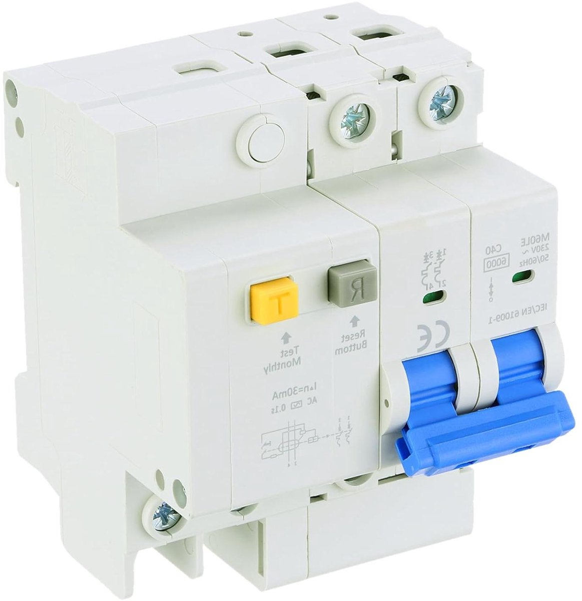 Aardlekschakelaar 2-polig - Stroomonderbreker DIN-rail - Circuit Bescherming - Snelle Onderbreking - 40 A AC 230 V - Grijs