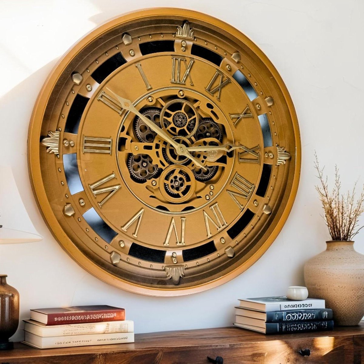 Wandklok - Draaiende Tandwielen - Woonkamer Decoratie - Echte Bewegende Delen - 66 cm - Walnoot