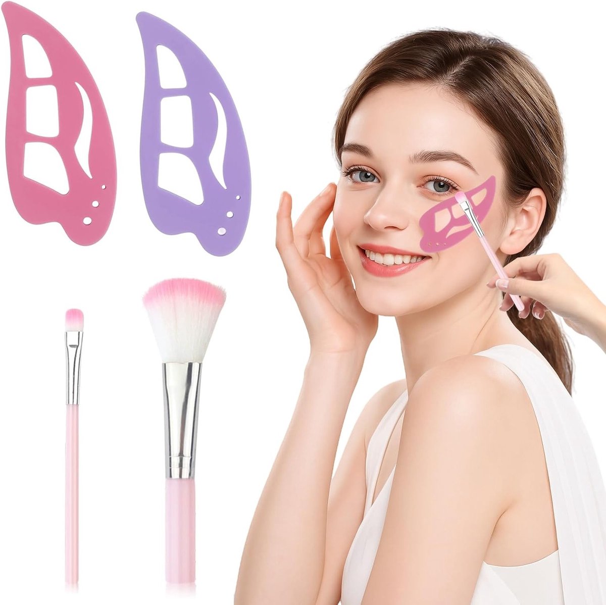 Set van 4 make-up sjablonen voor ogen, eyeliner en oogschaduw - Zachte siliconen, inclusief make-upkwasten, perfect voor beginners en nauwkeurig aanbrengen van make-up, roze en paars