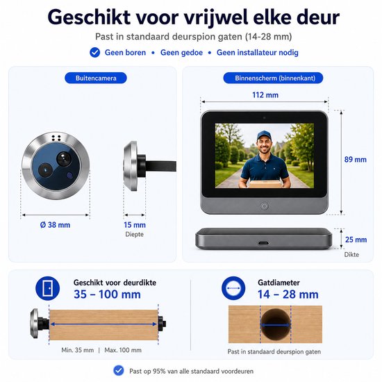Smart Digitale Deurspion - 3MP - 4.3inch LCD - Tweeweg Audio - Nachtzicht - PIR Detectie - WiFi - 5000mAh - Smartlife - Tuya - App - Sensor - Camera van Merkloos — afbeelding 5