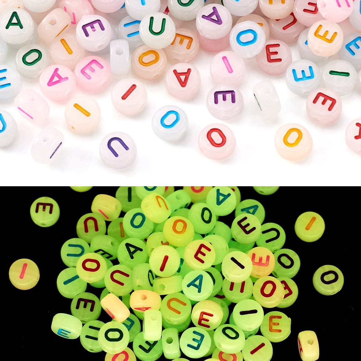 PandaHall 500pcs Luminous Alphabet Beads - Glow in the Dark Vowels voor Sieraadontwerp