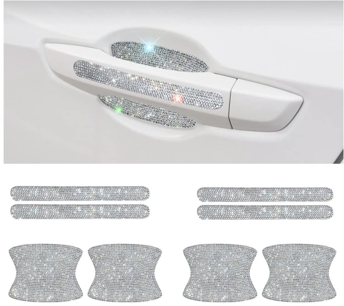 Allecto - Zelfklevende autodeurgreep - Bling deurgreep - Krasbestendig - Wit - Kristal deurgreep - Universeel voor alle auto's - 8 stuks