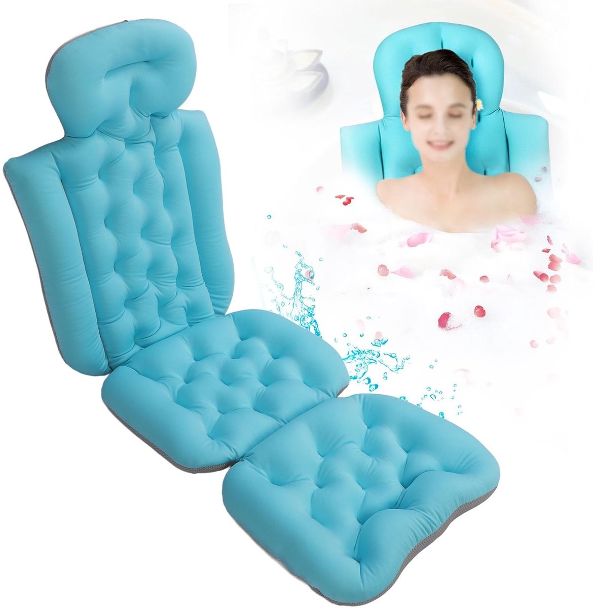 Volledig lichaamsbadkussen - Antislip badkussen - Ondersteuning voor hoofd en nek - Blauw - Wasbaar badkussen - Veilig en comfortabe