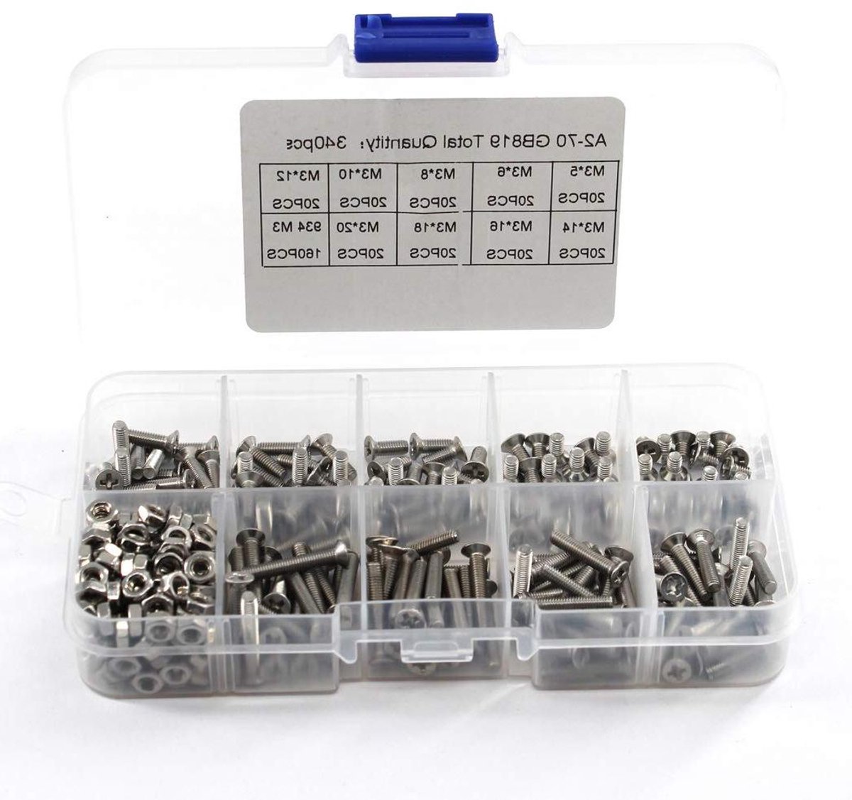 340 stuks M3 304 roestvrijstalen kruis kop verzonken kop platte kop schroeven en zeskantmoeren assortiment kit