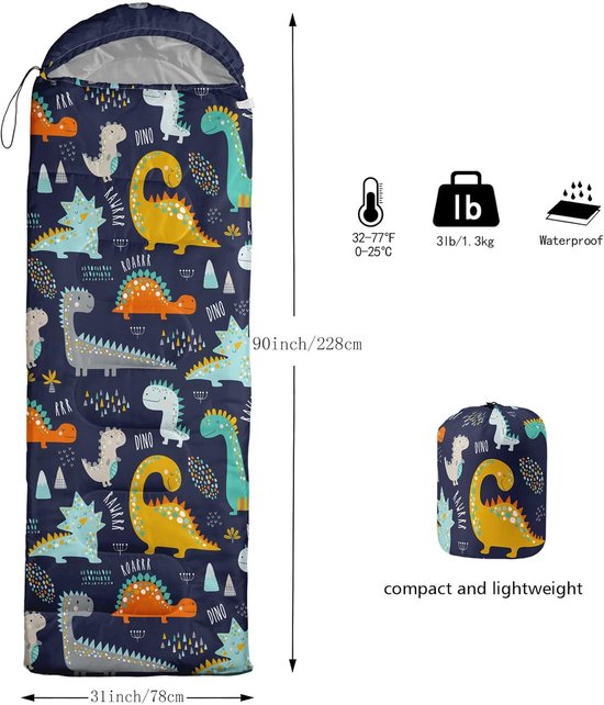 Kinderslaapzak - Draagbare slaapzak - Kamperen en wandelen - Lichtgewicht en waterdicht - 80 x 230 cm - Dinosaurus van Merkloos — afbeelding 4