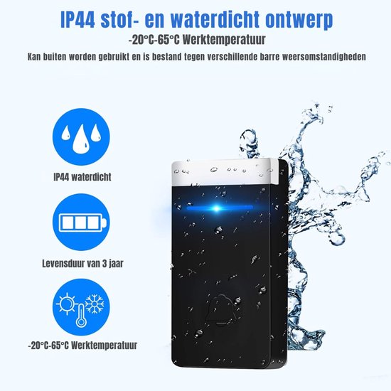 YOR® Waterdichte Draadloze Deurbelset - 2 Ontvangers - 150m Bereik - Geen Batterijen - 45 Melodieën - 4 Volumeniveaus - Zwart - ‎13cm x 11cm x 8cm — afbeelding 3
