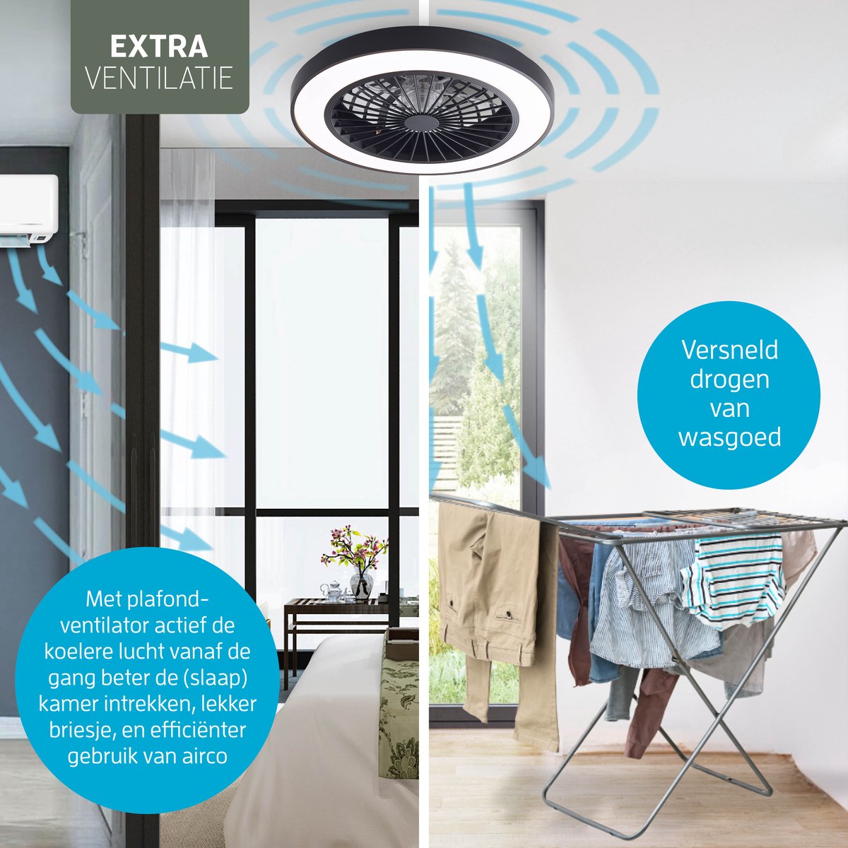 Varin® Plafondventilator met verlichting - Zwart - Tuya Wifi - LED 30W RGBW - Ø 50cm - Super stil - Afstandsbediening smart lamp - Plafondlamp slaapkamer - Plafonniere woonkamer - Plafondlampen - Plafond lamp - Verlichting kinderkamer - Ventilator thumbnail 6