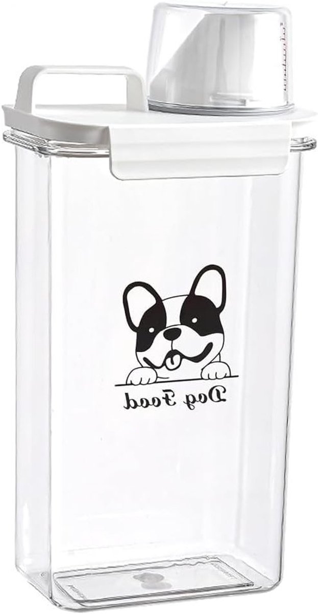 Houd je hondenvoer vers met een 2.5L doorzichtige, luchtdichte voedselcontainer met maatbeker, ideaal voor onderweg en BPA-vrij