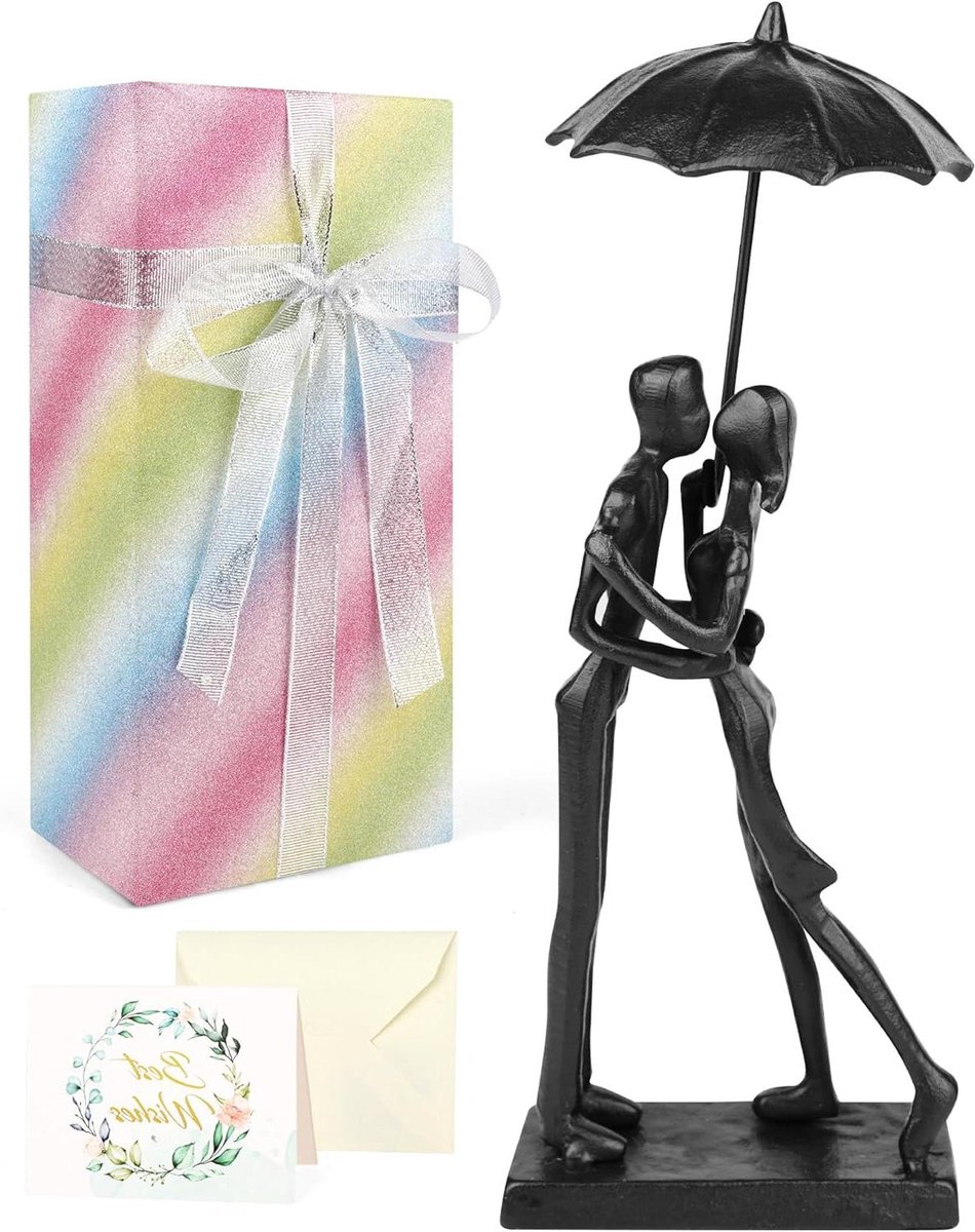Romantische Cadeauset - Liefdesbeeld - Jubileum Vieren - Met Wenskaart - 10 cm sculptuur - Roze