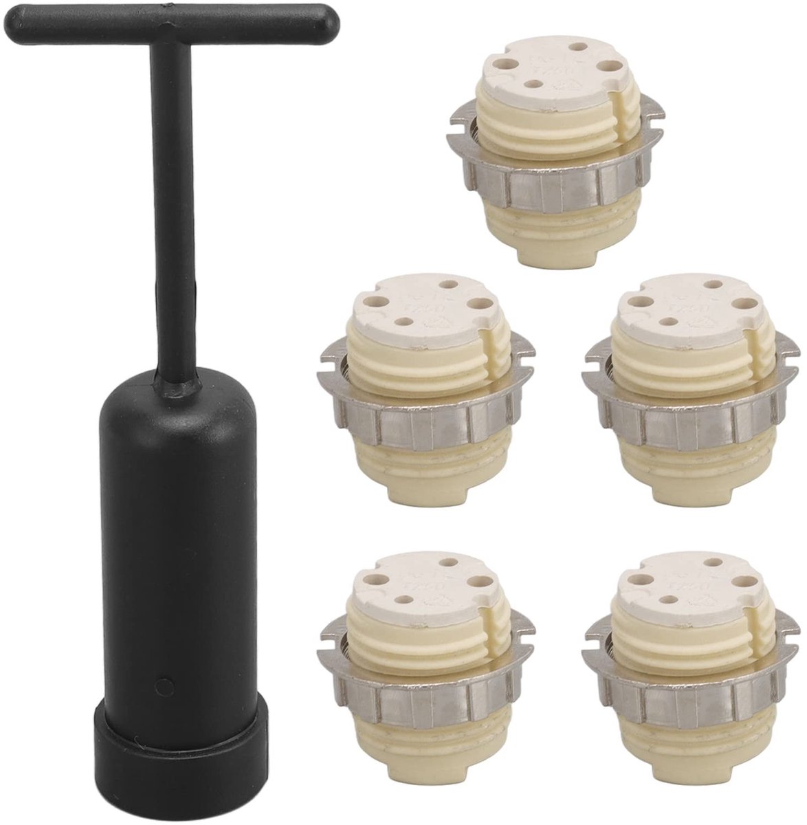 Allecto - Fittingset - Keramische Lampenhouder - 5 Stuks - Verwijdertool - Lampenaccessoires - Geschikt voor E27 - Wit