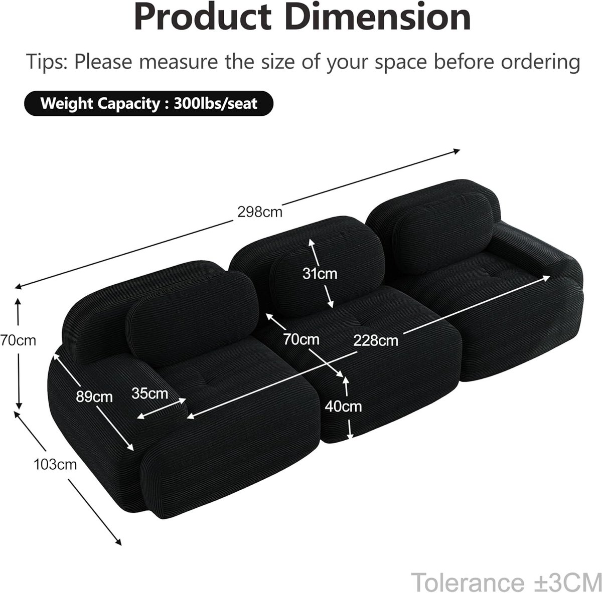 Modulaire slaapbank 3-zits – Arqam Cloud Corduroy Sofa zonder montage – Luxe comfortabele bank met zachte fluwelen ribstof – U/L-vorm combineerbaar design voor woonkamer – Zwart