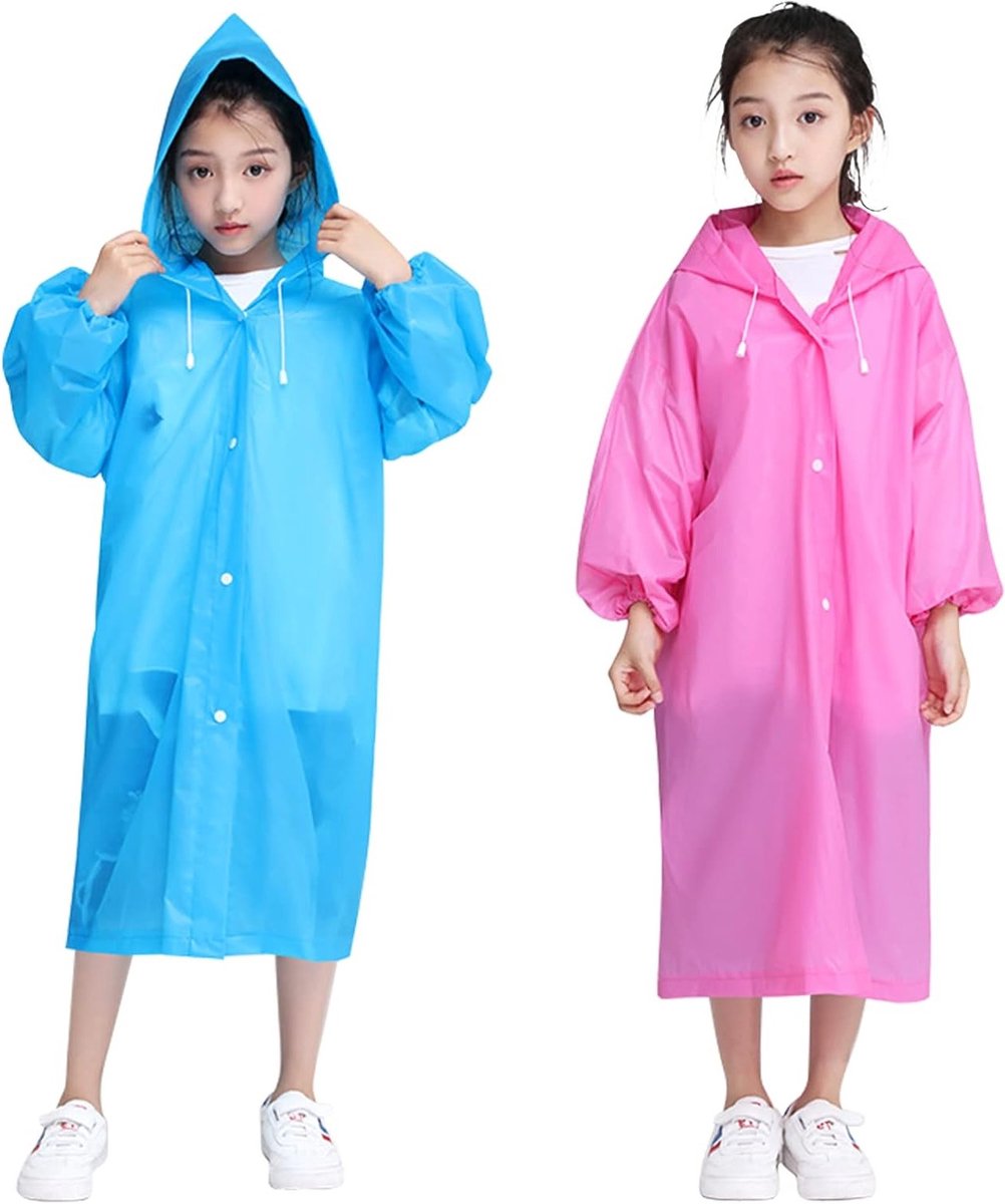 Set van 2 Kinderen Regenjacks met Capuchon, Waterdicht en Herbruikbaar, Ideaal voor Camping, School en Buitenactiviteiten, Multicolor