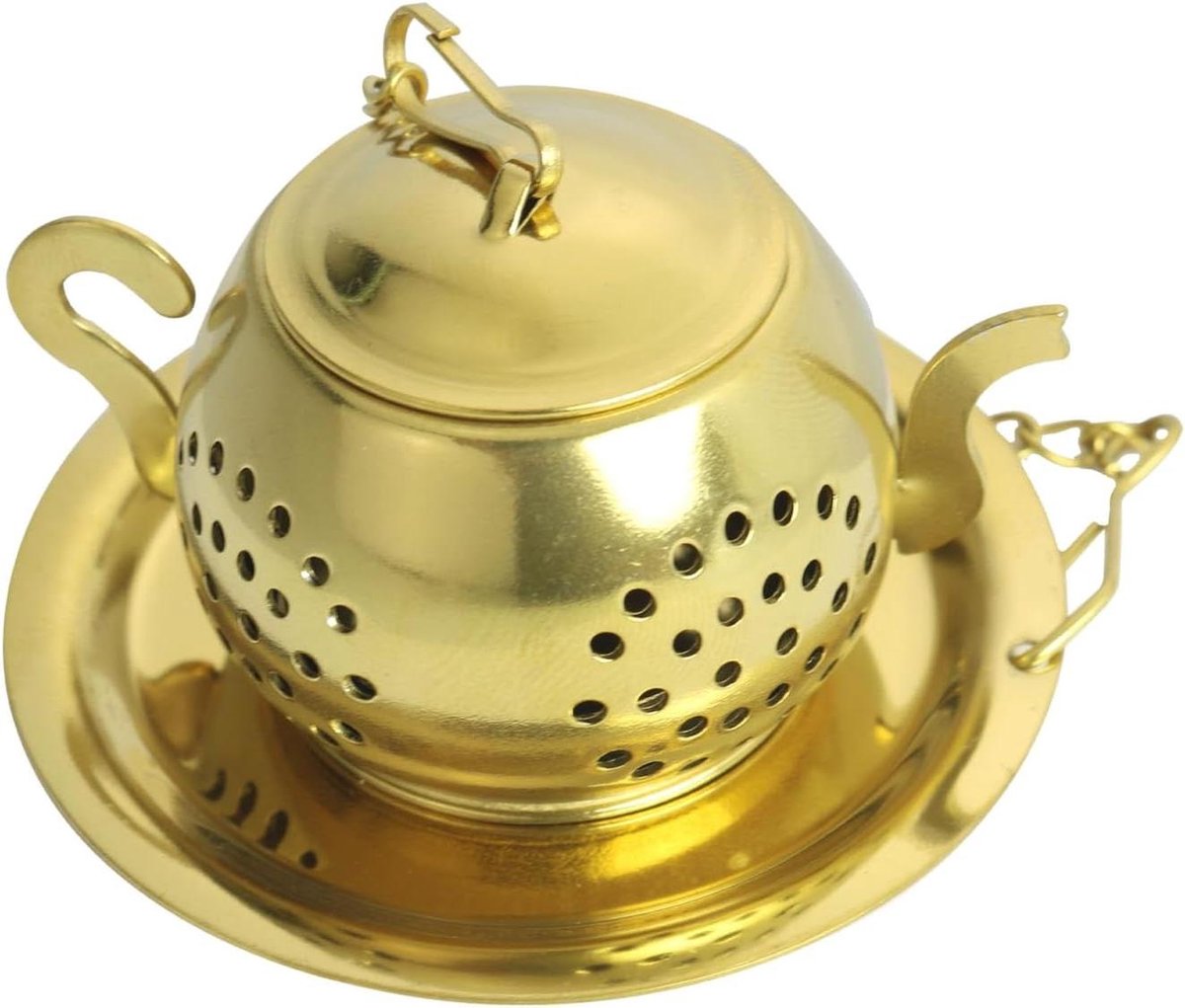 Thee infuser - Theefilter goud - Losse thee zetten - Met lekbak - 3 x 5.5 cm - Goud