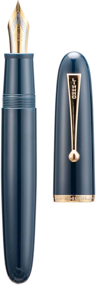 Elegante vulpen met extra fijne nib, grote maat, donkerblauwe acryl houder en gouden clip voor schrijfliefhebbers