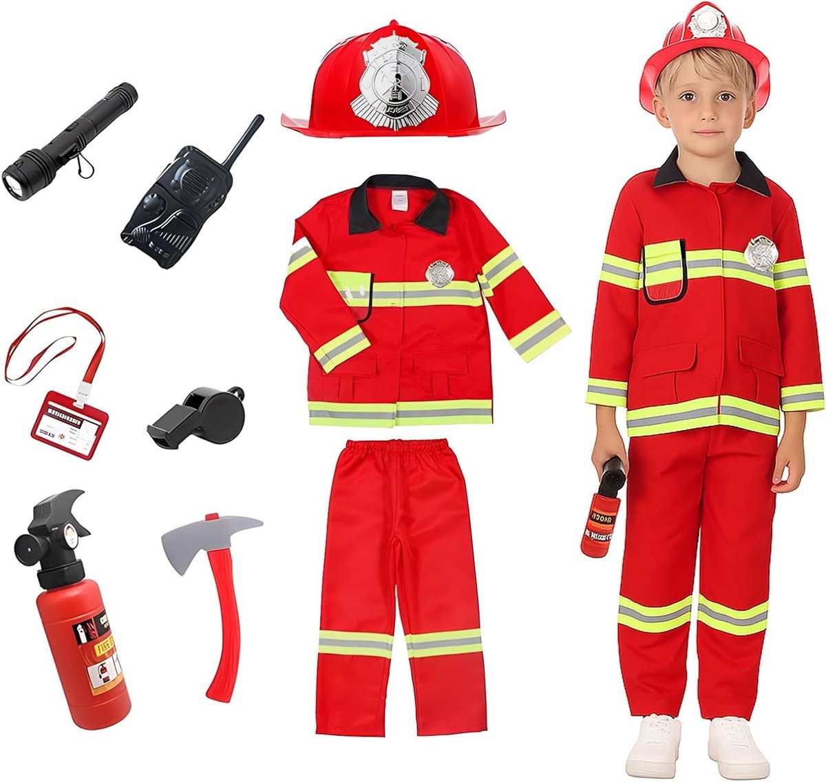Brandweer Kostuum voor Kinderen met Brandblusser, Helm en Accessoires - Perfect voor Carnaval en Halloween, Jongens Cosplay Outfit (S, 5)