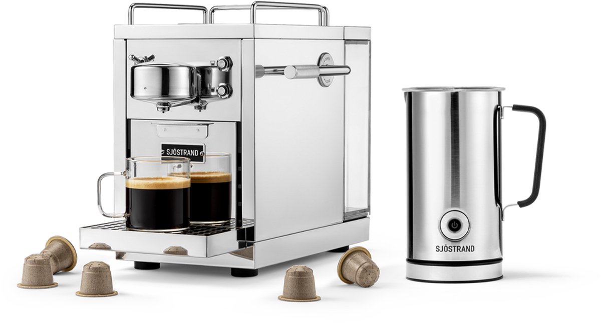Sjöstrand Espresso Capsule Machine The Original 2.0 Steel + Melkopschuimer - Zilver- Set