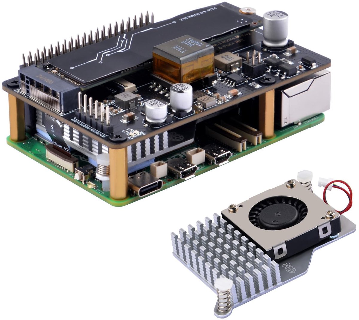 aladdien - M.2 PoE+ Hoed - Raspberry Pi 5 - Actieve Koeler - Ondersteunt M.2 SSD's - Voor Supersnelle Gegevensopslag - Ideaal voor Makers ...