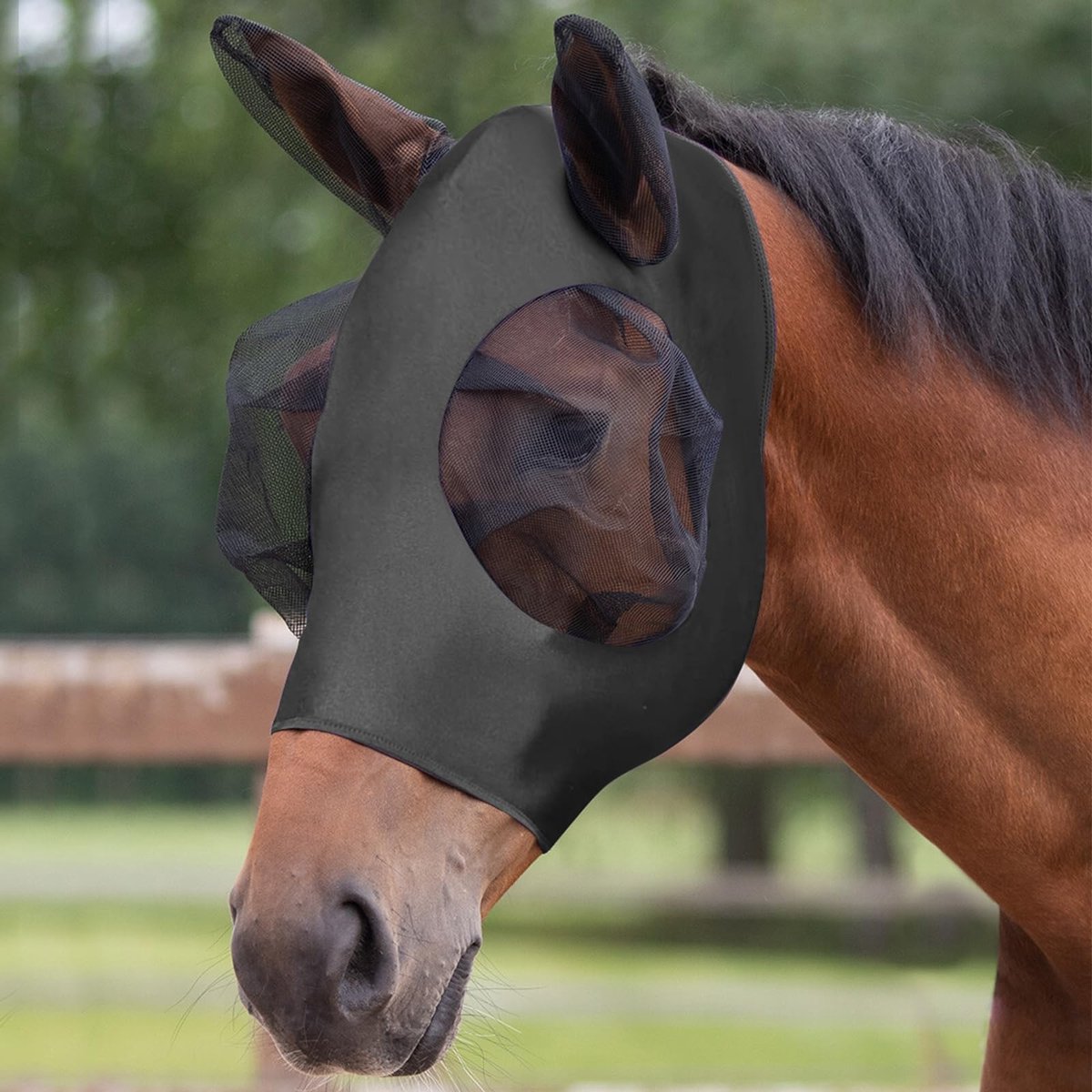 aladdien - Paardenvliegenmasker - Vliegenbescherming - Ademend en elastisch Lycra - Vol formaat - UV-bescherming - Geschikt voor paarden - Zwart