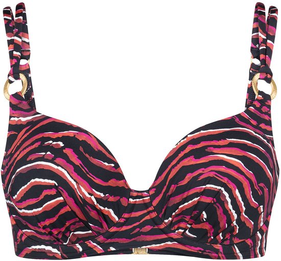 Beugelbikini-top met een rode, roze en witte tijgerprint op een zwarte ondergrond. Goudkleurige ringen bij de bandjes.