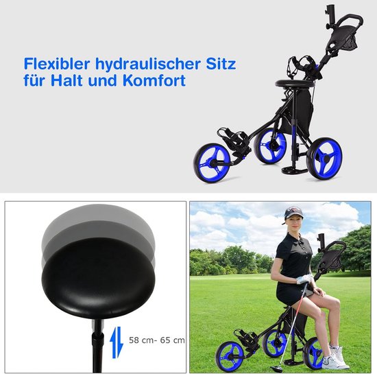 GOPLUS Golftrolley, golftrolley, 3 wielen met verstelbare handgreep, zitting en voetrem, opvouwbare golfwagen, met paraplu- en bekerhouder en waterdichte tas, golfcaddy golf push cart — afbeelding 4