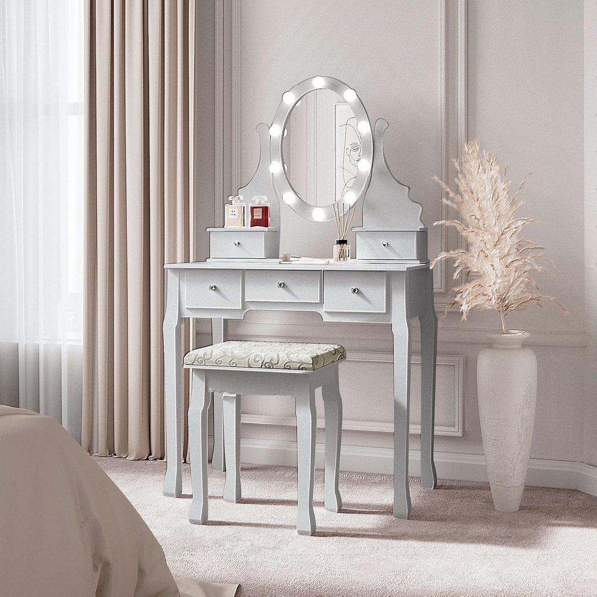 Grijze Kaptafel met Hollywood LED Spiegel en Kruk - Make-up Tafel met 5 Laden