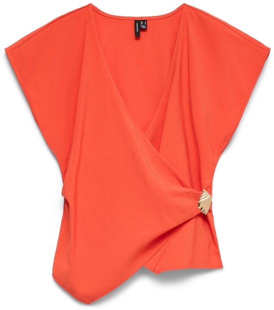 Oranje wikkelblouse met goudkleurige gesp.