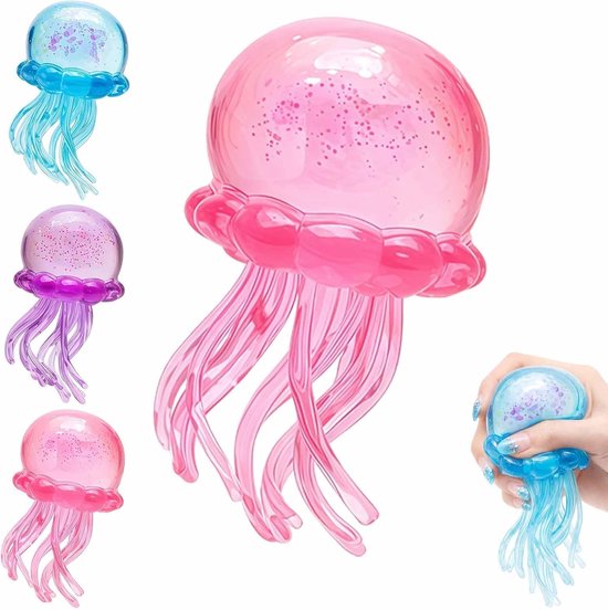 Set van roze, paarse en blauwe kwallenvorm squishies met glitter, met een grote roze vooraan.