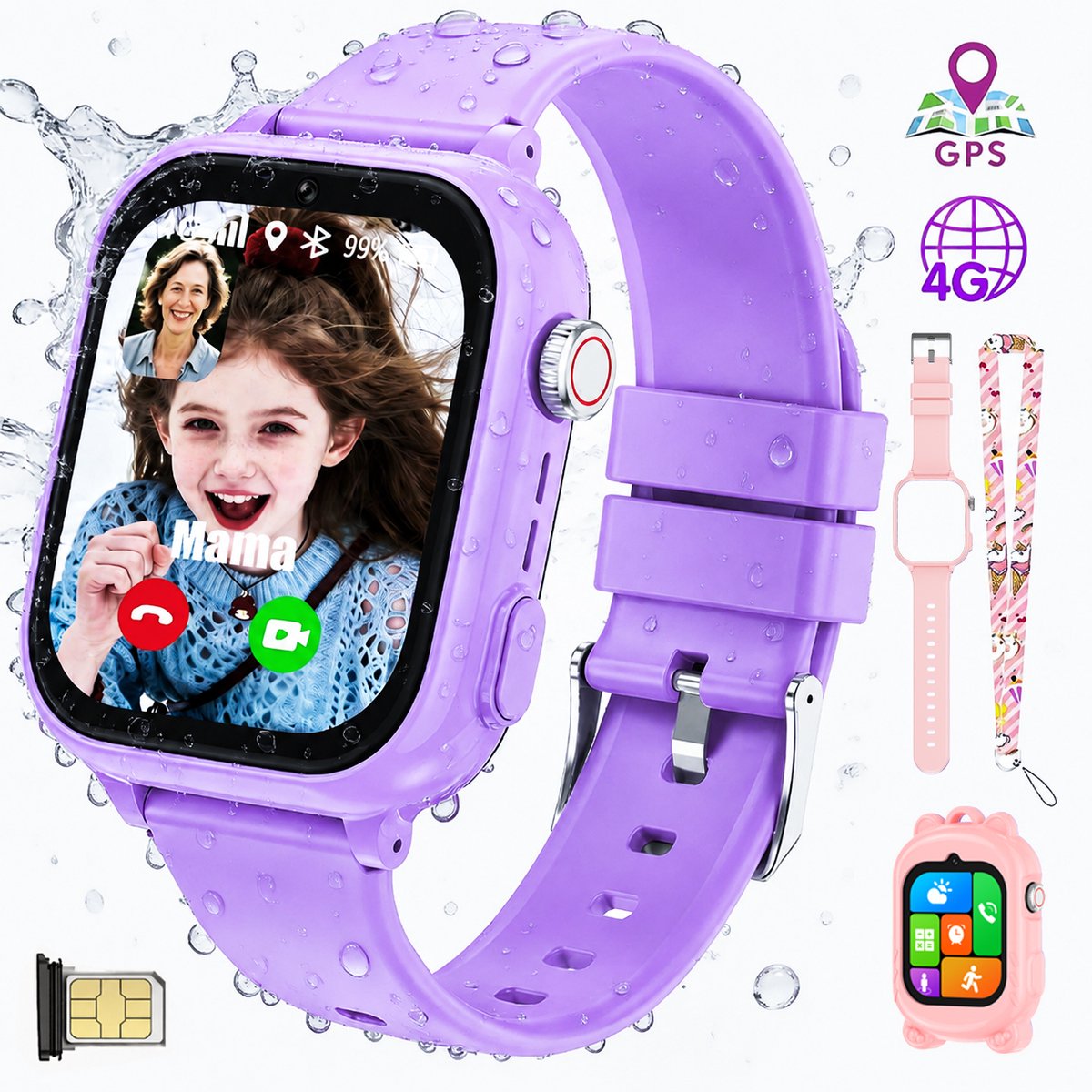 Vashoy T53-Kinderhorloge-Nieuwe smartwatches voor kinderen met GPS-videogesprek-SOS-Leermodus-App om te downloaden-Cadeaus voor kinderen van 5 tot 16 jaar - Paars