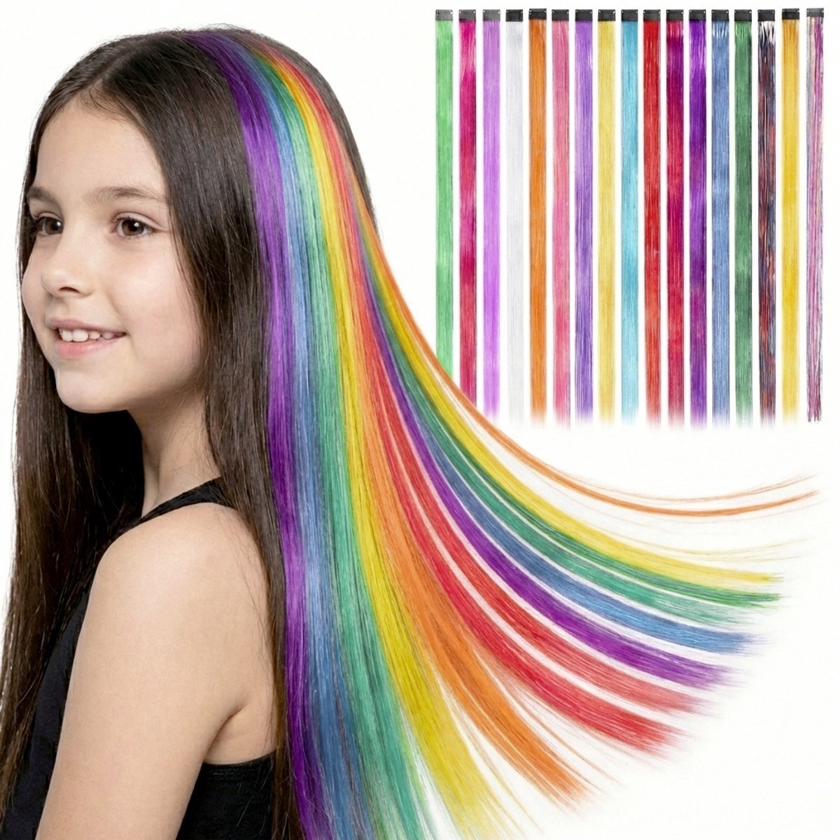 22 stuks gekleurde haarextensies multi kleuren party highlights clip in synthetische haarextensies regenboog haardelen voor meisjes vrouwen kinderen cadeau Lange Rechte Haarpruik (kleurrijke set) Regenboogfeest Haarstukjes Haarextensies Clip
