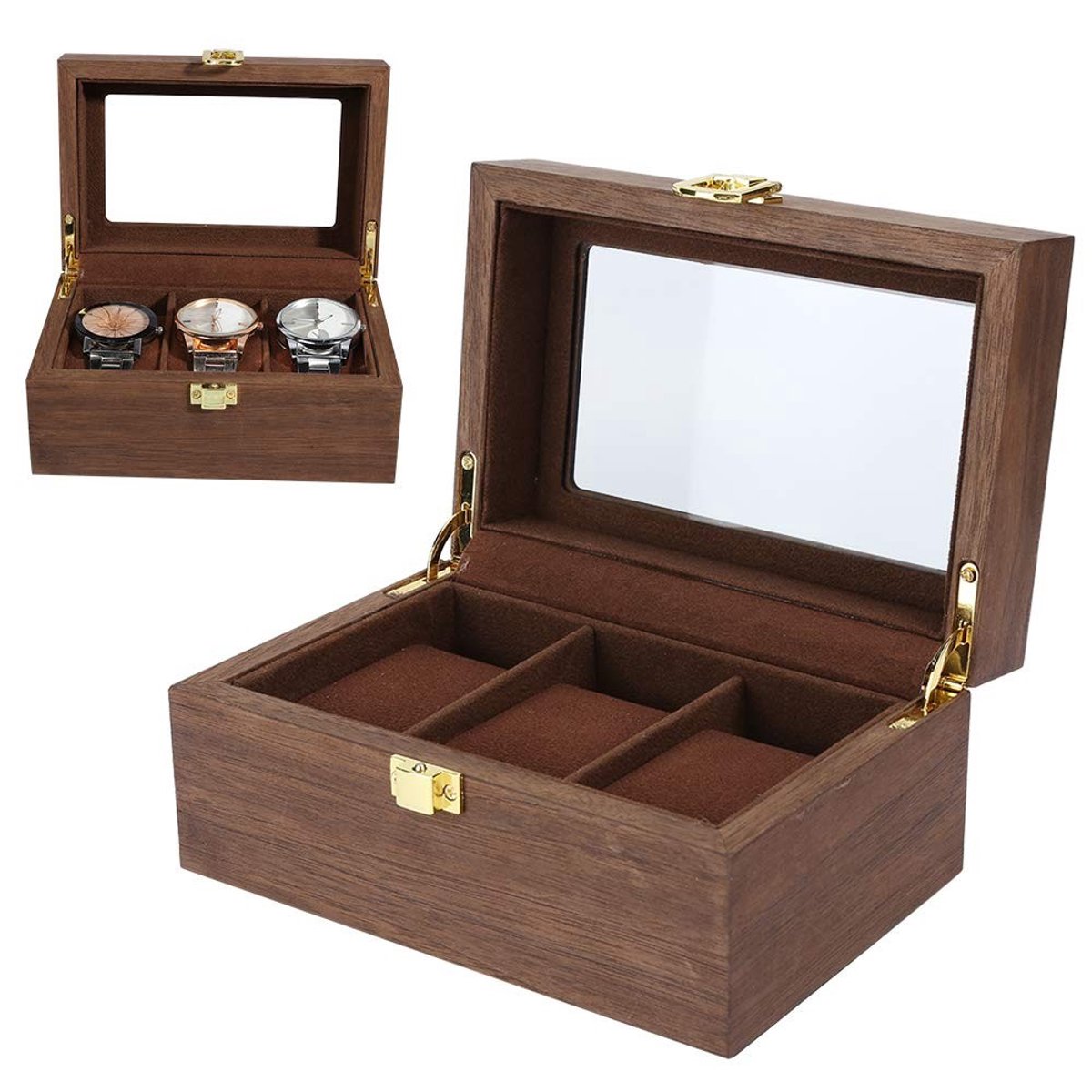 aladdien - Horlogedoos - Luxe horlogehouder - Elegant en praktisch - Zwart walnoot - Opberger voor 3 horloges - Perfect voor thuis of op reis