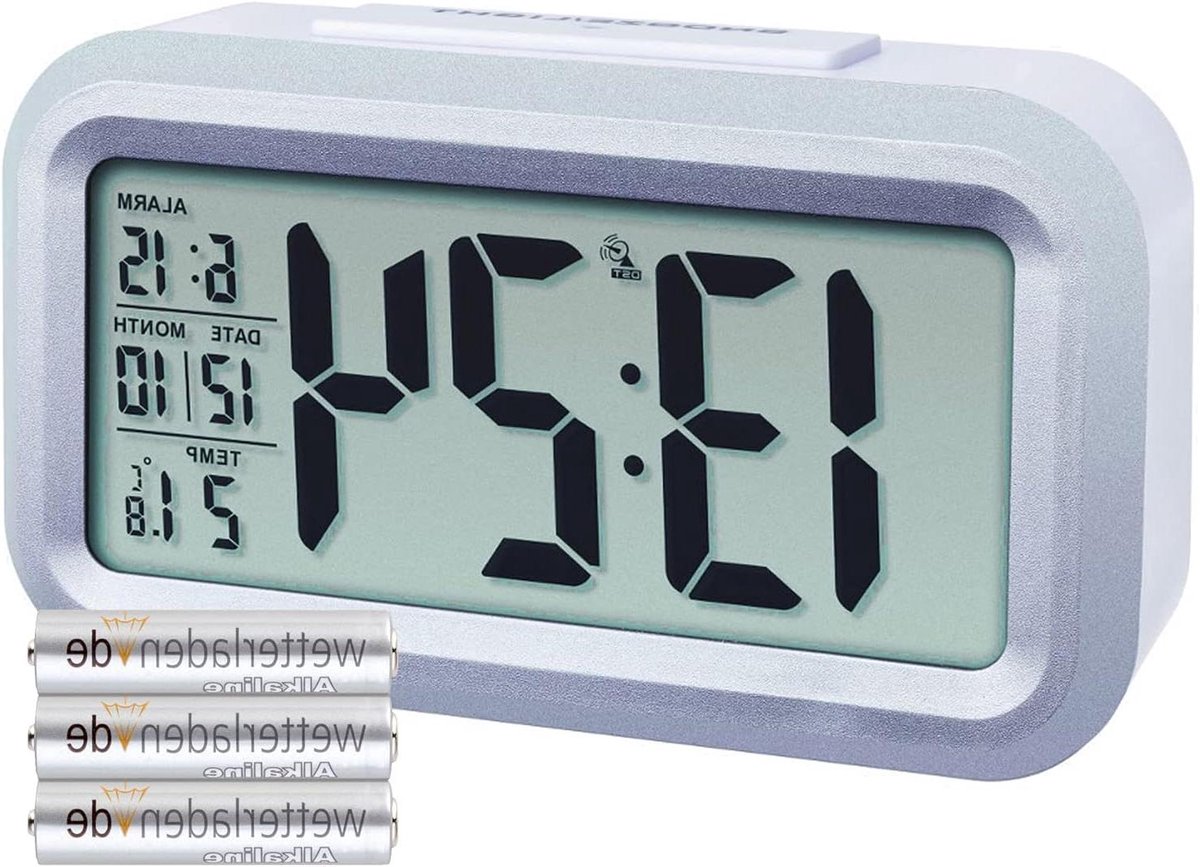 Digitale Wekker - Nachtlamp - Tijd Aflezen - Batterijgevoed - 138 x 48 x 79 mm - Wit-zilver