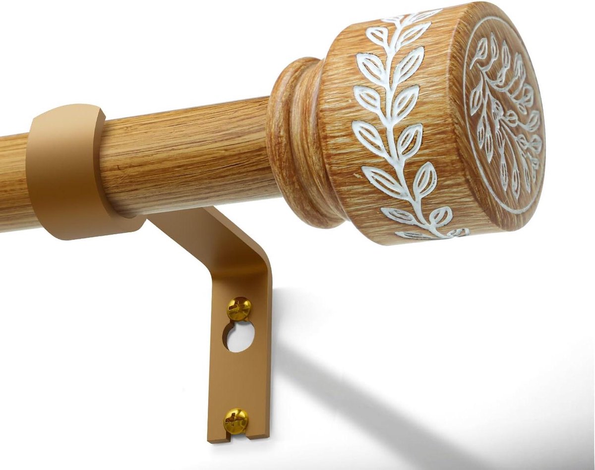 Gordijnroede Decoratief - Uittrekbare Stang - Raamdecoratie Ophangen - Bladstructuur Eindkappen - 80-148 cm - Donker Houtkleurig