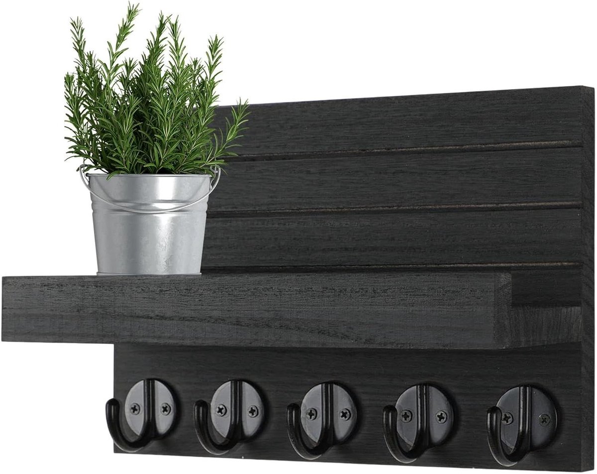 Sleutelhouder Muur - Post Organizer - Thuis Organiseren - Met Legplank - 30 x 21 x 15 cm - Zwart