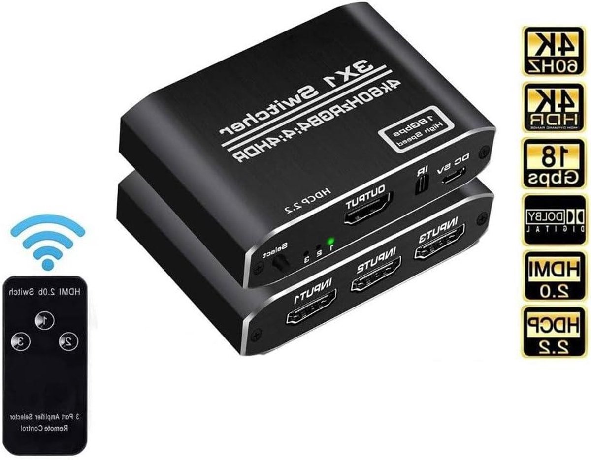 HDMI Switcher - 4K Splitter - Films Kijken - 3 Poort 2.0 - 1x1x1 cm - Zwart