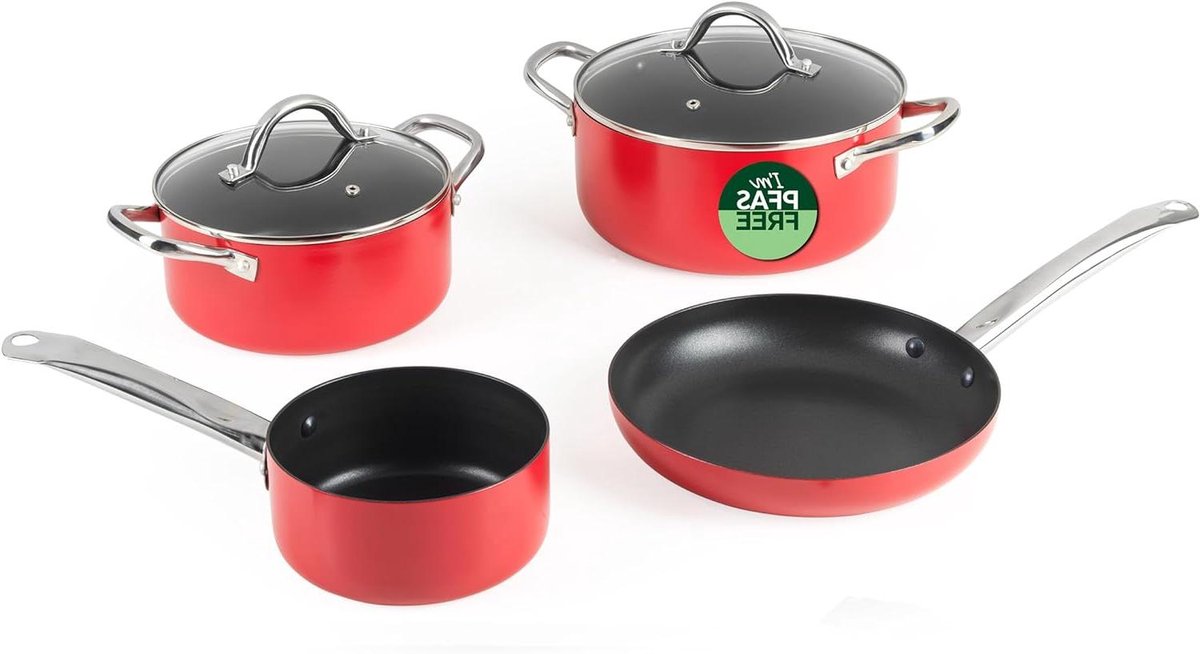 Kookpannenset - Pannen Set - Gezond Koken - PFAS-vrije Coating - 4 Delig - Rood